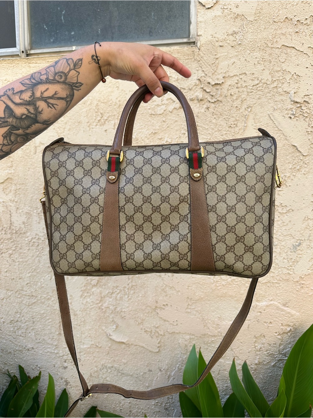 Gucci Beige GG Supreme Canvas Travel Duffel with Brown Trim and Green-Red Web